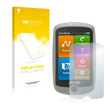 Parte frontal de un envase de producto con el logotipo de la marca upscreen. Al lado se muestra el dispositivo Mitac Mio Cyclo