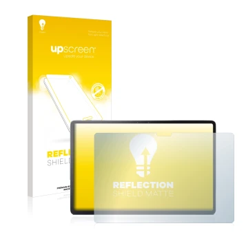 Parte frontal de un envase de producto con el logotipo de la marca upscreen. Al lado se muestra el dispositivo Lenovo Tab P11 