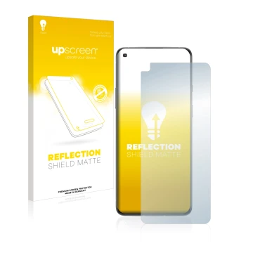 Parte frontal de un envase de producto con el logotipo de la marca upscreen. Al lado se muestra el dispositivo OnePlus 8T con 