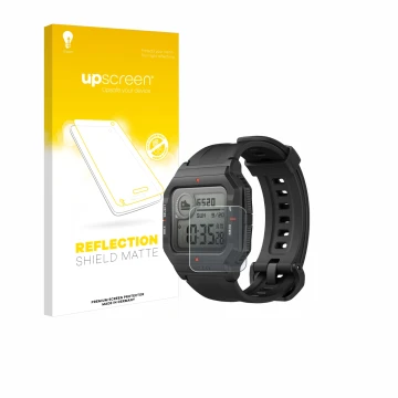 Parte frontal de un envase de producto con el logotipo de la marca upscreen. Al lado se muestra el dispositivo Huami Amazfit N