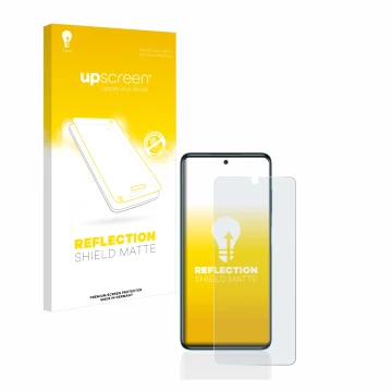 Parte frontal de un envase de producto con el logotipo de la marca upscreen. Al lado se muestra el dispositivo Xiaomi Poco X3 