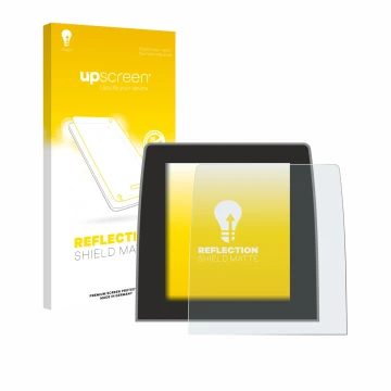 Parte frontal de un envase de producto con el logotipo de la marca upscreen. Al lado se muestra el dispositivo Renault Captur 