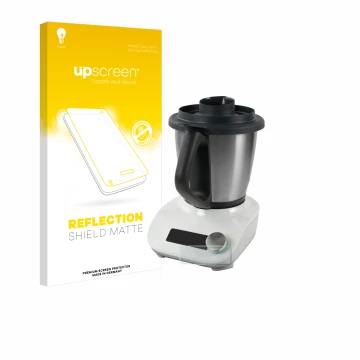 Parte frontal de un envase de producto con el logotipo de la marca upscreen. Al lado se muestra el dispositivo Vorwerk Thermom