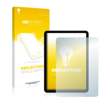 Parte frontal de un envase de producto con el logotipo de la marca upscreen. Al lado se muestra el dispositivo Apple iPad Air 