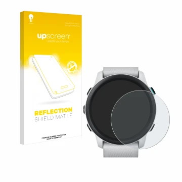 Parte frontal de un envase de producto con el logotipo de la marca upscreen. Al lado se muestra el dispositivo Garmin Forerunn