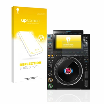 Parte frontal de un envase de producto con el logotipo de la marca upscreen. Al lado se muestra el dispositivo Pioneer CDJ 300