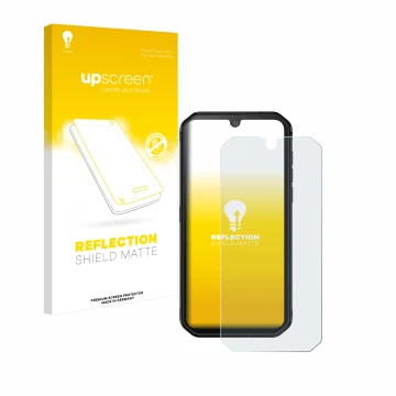 Parte frontal de un envase de producto con el logotipo de la marca upscreen. Al lado se muestra el dispositivo Blackview BV990