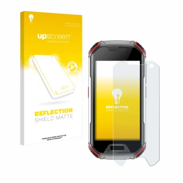 Parte frontal de un envase de producto con el logotipo de la marca upscreen. Al lado se muestra el dispositivo Unihertz Atom L