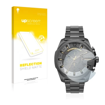 Parte frontal de un envase de producto con el logotipo de la marca upscreen. Al lado se muestra el dispositivo Diesel Chronogr