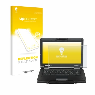 Parte frontal de un envase de producto con el logotipo de la marca upscreen. Al lado se muestra el dispositivo Panasonic Tough