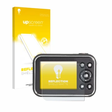 Parte frontal de un envase de producto con el logotipo de la marca upscreen. Al lado se muestra el dispositivo Vtech Kidizoom 