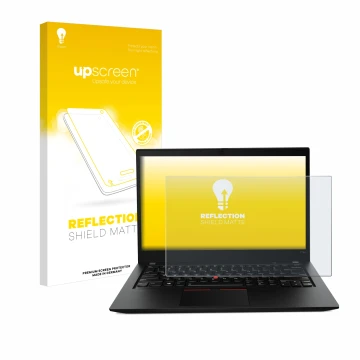Parte frontal de un envase de producto con el logotipo de la marca upscreen. Al lado se muestra el dispositivo Lenovo ThinkPad