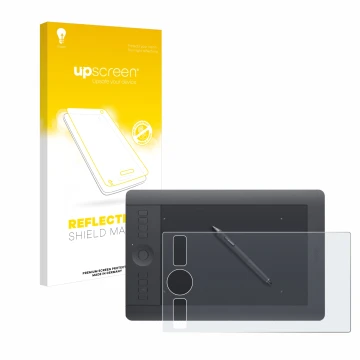 Parte frontal de un envase de producto con el logotipo de la marca upscreen. Al lado se muestra el dispositivo Wacom Intuos Pr