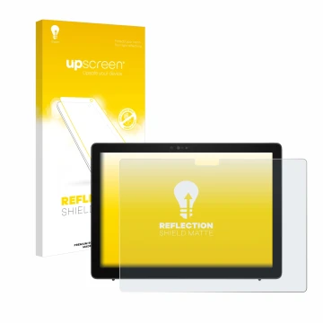 Parte frontal de un envase de producto con el logotipo de la marca upscreen. Al lado se muestra el dispositivo Dell Latitude 7