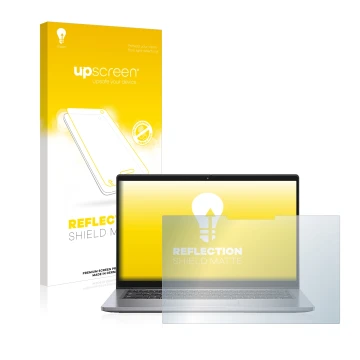 Parte frontal de un envase de producto con el logotipo de la marca upscreen. Al lado se muestra el dispositivo Dell Latitude 7