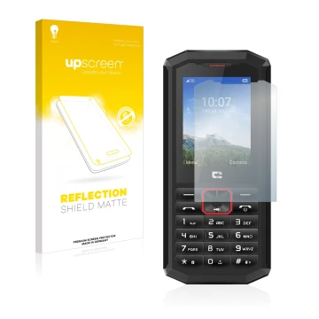 Parte frontal de un envase de producto con el logotipo de la marca upscreen. Al lado se muestra el dispositivo Crosscall Spide