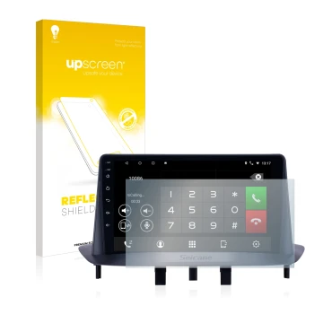 Parte frontal de un envase de producto con el logotipo de la marca upscreen. Al lado se muestra el dispositivo Pioneer AVH-Z52