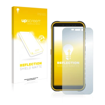 Parte frontal de un envase de producto con el logotipo de la marca upscreen. Al lado se muestra el dispositivo Ulefone Armor X