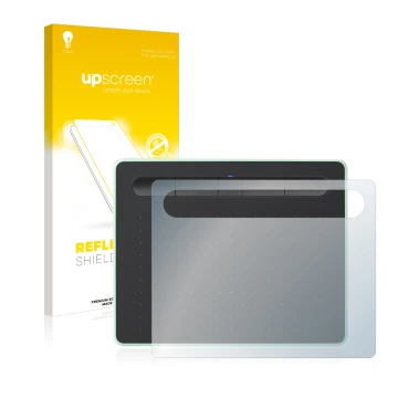 Parte frontal de un envase de producto con el logotipo de la marca upscreen. Al lado se muestra el dispositivo Wacom Intuos S 