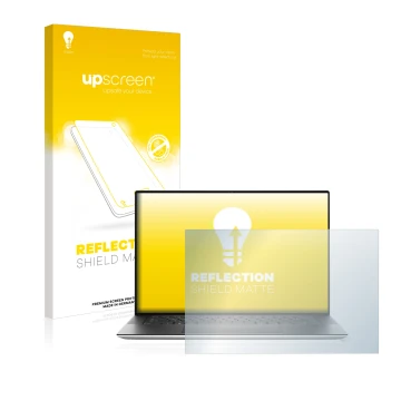 Parte frontal de un envase de producto con el logotipo de la marca upscreen. Al lado se muestra el dispositivo Dell XPS 15 950