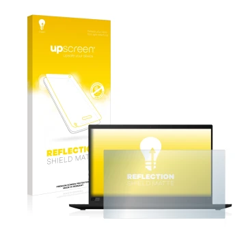 Parte frontal de un envase de producto con el logotipo de la marca upscreen. Al lado se muestra el dispositivo Lenovo ThinkPad