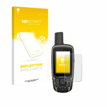 Parte frontal de un envase de producto con el logotipo de la marca upscreen. Al lado se muestra el dispositivo Garmin GPSMAP 6