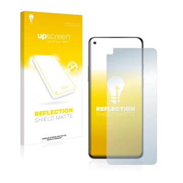 Parte frontal de un envase de producto con el logotipo de la marca upscreen. Al lado se muestra el dispositivo OnePlus 8T Plus