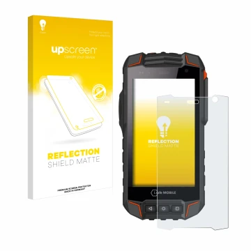 Parte frontal de un envase de producto con el logotipo de la marca upscreen. Al lado se muestra el dispositivo i.safe MOBILE I