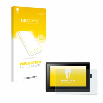 Parte frontal de un envase de producto con el logotipo de la marca upscreen. Al lado se muestra el dispositivo Wacom Cintiq 16