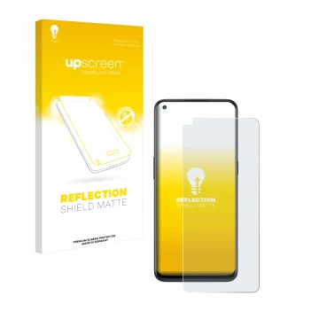 Parte frontal de un envase de producto con el logotipo de la marca upscreen. Al lado se muestra el dispositivo OnePlus Nord N1
