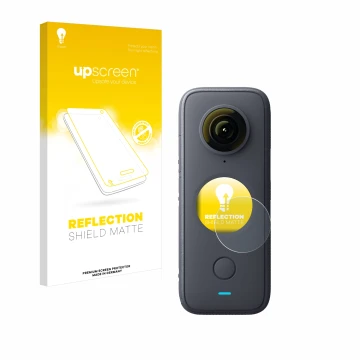 Parte frontal de un envase de producto con el logotipo de la marca upscreen. Al lado se muestra el dispositivo Insta360 One X2