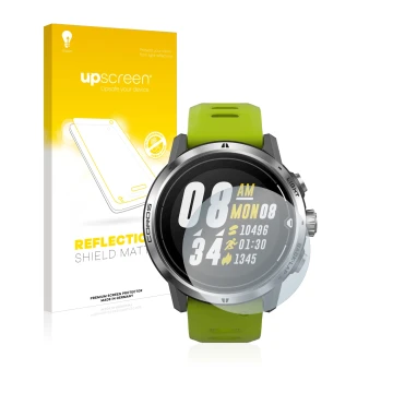 Parte frontal de un envase de producto con el logotipo de la marca upscreen. Al lado se muestra el dispositivo Coros Apex Pro 