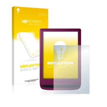 Parte frontal de un envase de producto con el logotipo de la marca upscreen. Al lado se muestra el dispositivo PocketBook Touc