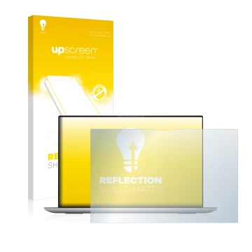 Parte frontal de un envase de producto con el logotipo de la marca upscreen. Al lado se muestra el dispositivo Dell XPS 17 970
