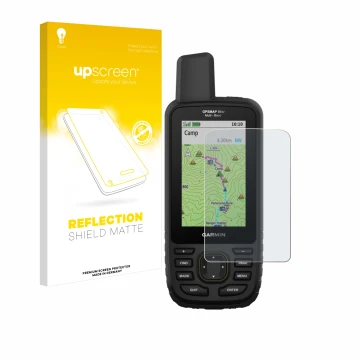 Parte frontal de un envase de producto con el logotipo de la marca upscreen. Al lado se muestra el dispositivo Garmin GPSMAP 6