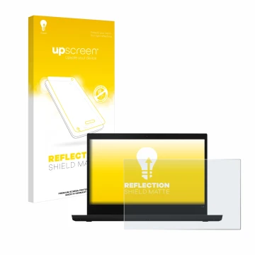 Parte frontal de un envase de producto con el logotipo de la marca upscreen. Al lado se muestra el dispositivo Lenovo ThinkPad