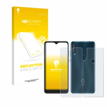 Parte frontal de un envase de producto con el logotipo de la marca upscreen. Al lado se muestra el dispositivo Alcatel 1S 2020