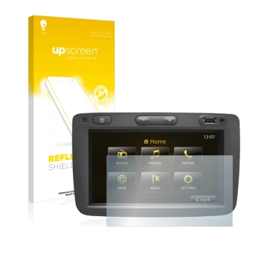Parte frontal de un envase de producto con el logotipo de la marca upscreen. Al lado se muestra el dispositivo Dacia Duster 2 