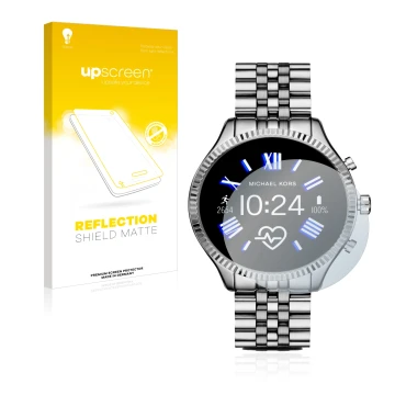 Parte frontal de un envase de producto con el logotipo de la marca upscreen. Al lado se muestra el dispositivo Michael Kors Ac