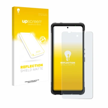 Parte frontal de un envase de producto con el logotipo de la marca upscreen. Al lado se muestra el dispositivo Ulefone Armor 1