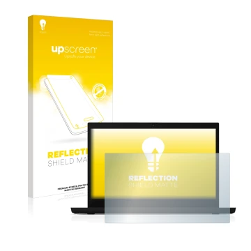 Parte frontal de un envase de producto con el logotipo de la marca upscreen. Al lado se muestra el dispositivo Lenovo ThinkPad