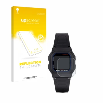 Parte frontal de un envase de producto con el logotipo de la marca upscreen. Al lado se muestra el dispositivo Casio W-800H-1A