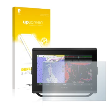Parte frontal de un envase de producto con el logotipo de la marca upscreen. Al lado se muestra el dispositivo Garmin GPSMAP 8