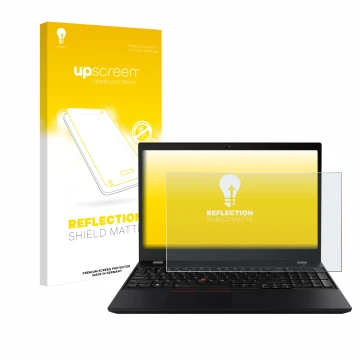 Parte frontal de un envase de producto con el logotipo de la marca upscreen. Al lado se muestra el dispositivo Lenovo ThinkPad