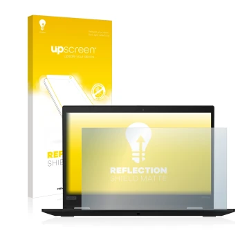 Parte frontal de un envase de producto con el logotipo de la marca upscreen. Al lado se muestra el dispositivo Lenovo ThinkPad