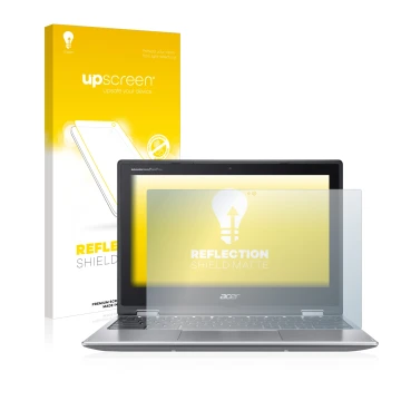 Parte frontal de un envase de producto con el logotipo de la marca upscreen. Al lado se muestra el dispositivo Acer Chromebook