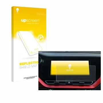 Parte frontal de un envase de producto con el logotipo de la marca upscreen. Al lado se muestra el dispositivo Kia E-Niro 2020