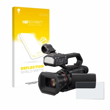 Parte frontal de un envase de producto con el logotipo de la marca upscreen. Al lado se muestra el dispositivo Panasonic HC-X2