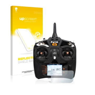 Parte frontal de un envase de producto con el logotipo de la marca upscreen. Al lado se muestra el dispositivo Spektrum NX6 co