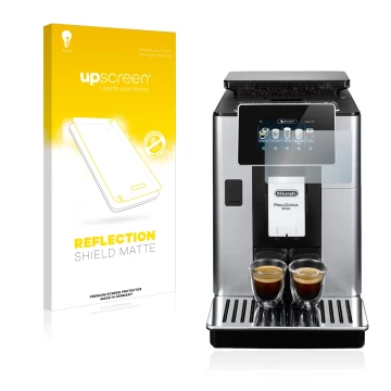 Parte frontal de un envase de producto con el logotipo de la marca upscreen. Al lado se muestra el dispositivo DeLonghi PrimaD